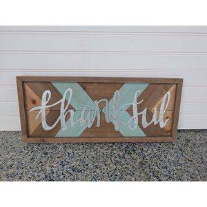 Thankful Wood Sign Galvanized Metal Script Chevron Teal Farmhouse Fall Decor